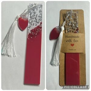 Handmade Resin Bookmark with White Tassel and Pink Accent